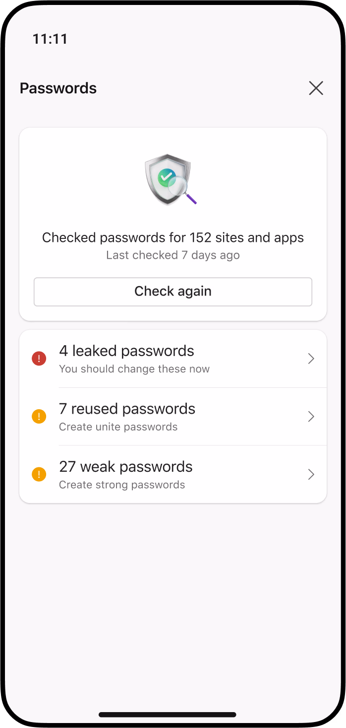 <p>Mockup of a smartphone screen showcasing the password monitoring feature in Microsoft Edge, notifying users of compromised credentials.</p>